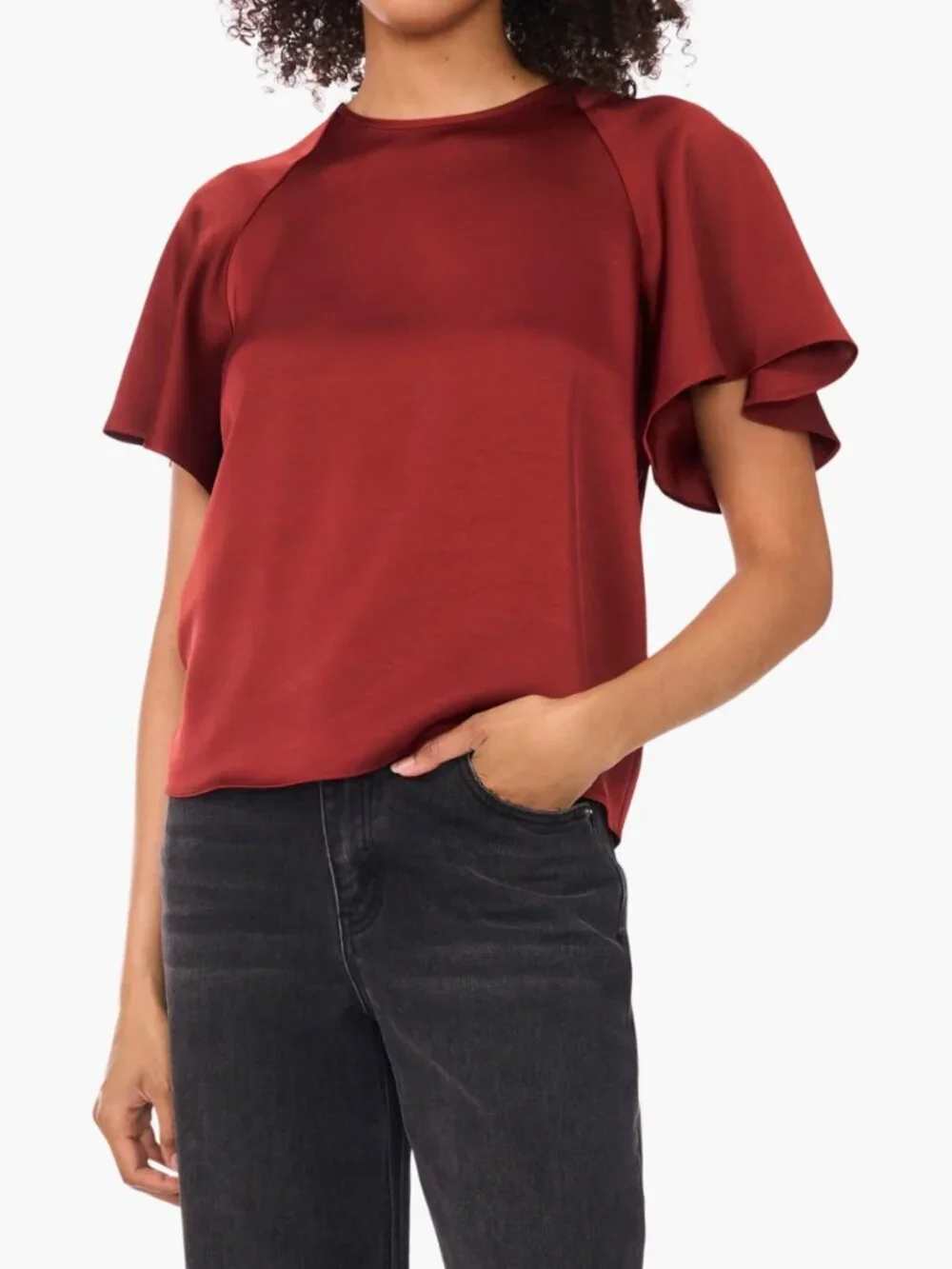 1. STATE Raglan Sleeve Top Brick Red Flutter Sleeve Blouse